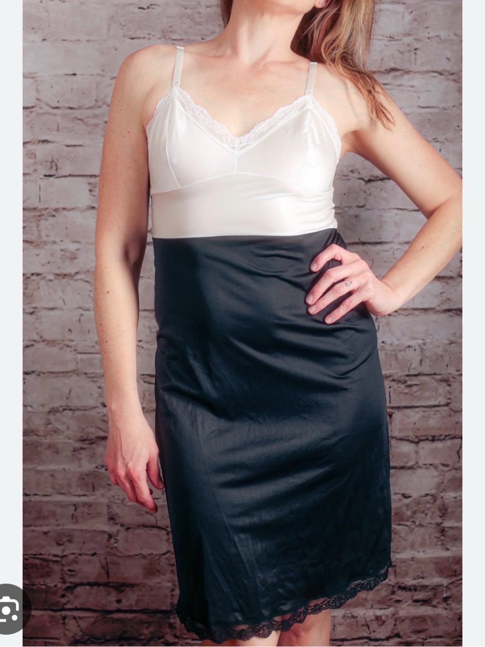 Sarah Smith exclusive- Vintage Two-Tone Satin Slip White & Black USA made